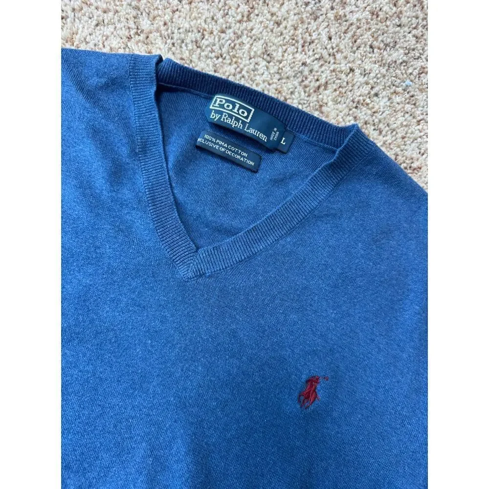 POLO RALPH LAUREN 100% PIMA Cotton sweater, Men's LG; V neck; Long sleeves; Blue